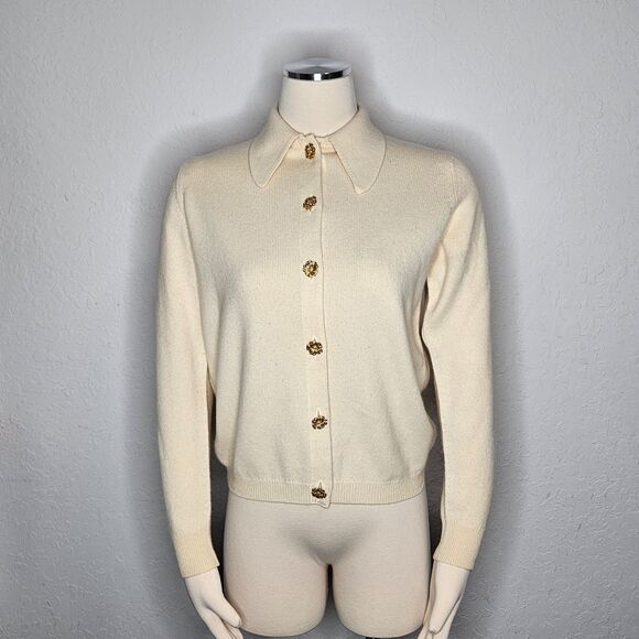 VTG Ballantyne of Peebles Cashmere Cardigan Cream Gold Button Scotland Sm Med - Picture 1 of 7